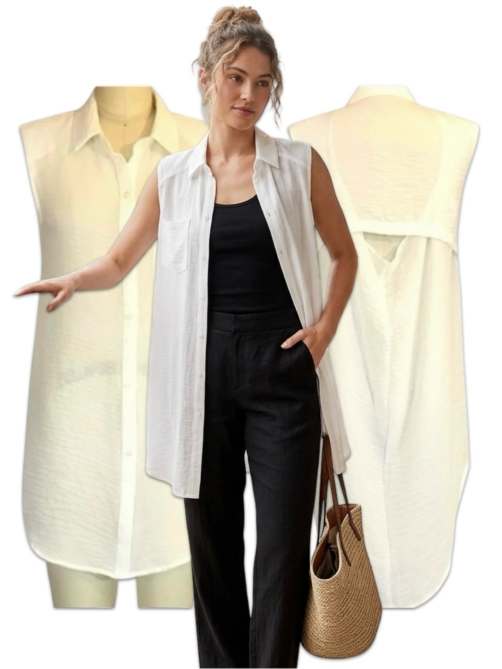 Vintage White Sheer Sleeveless Shirt Dress Duster Cutout Back Small Pad